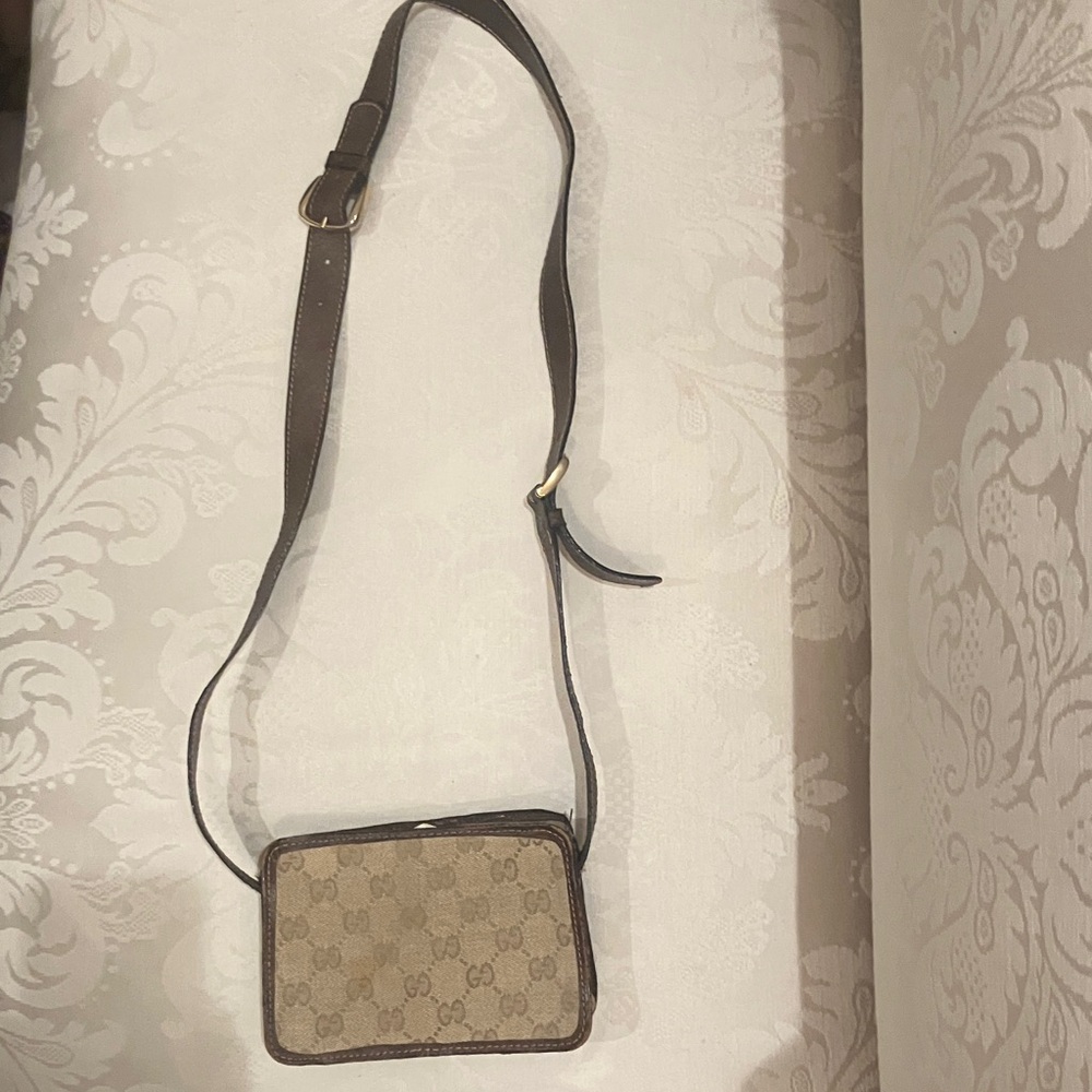 Gucci small vintage canvas cross body bag with brown leather trim.